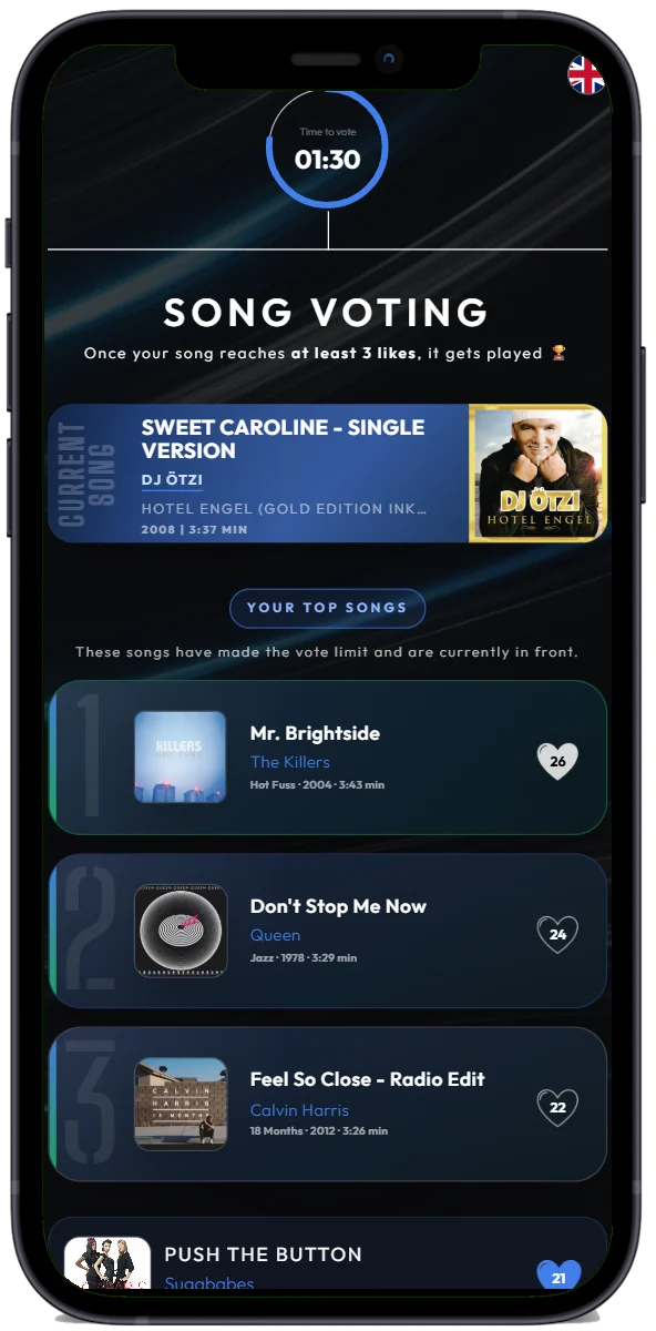 Vue invité de l’appli DJfy avec vote et top des chansons