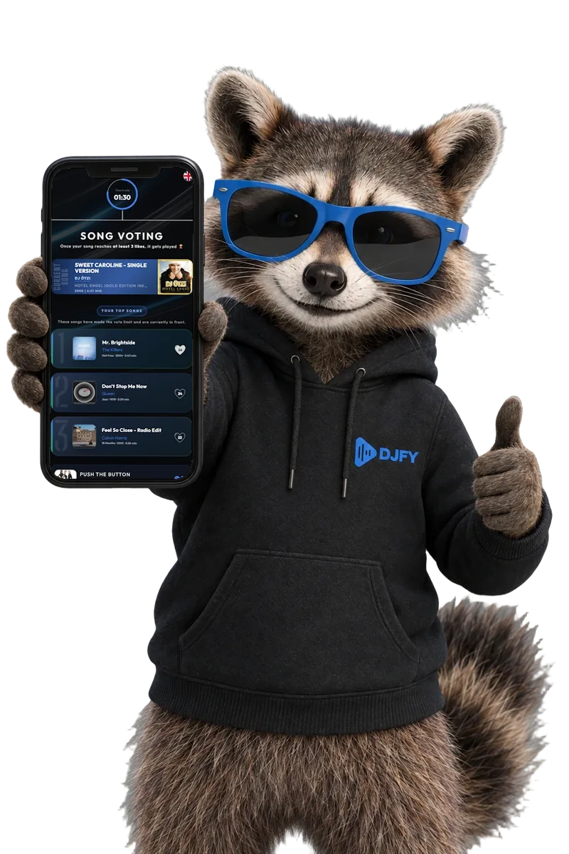 Wolfgang, le raton laveur de DJfy, montre son téléphone avec la liste de souhaits DJfy